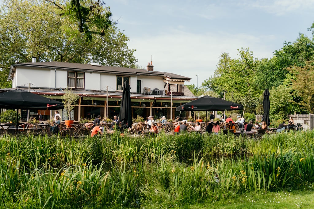 Terras in het groen aan het water