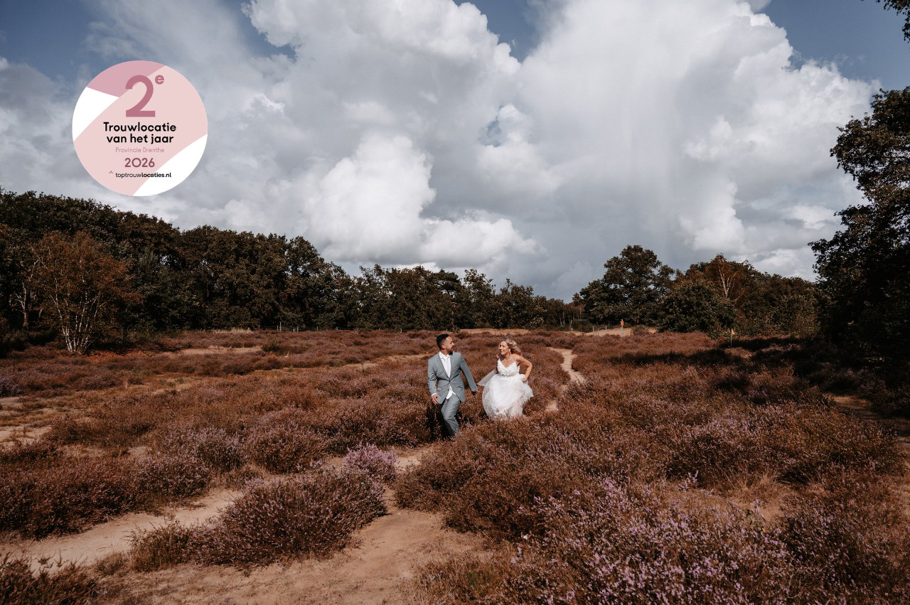 Bruidspaar rennend door natuur Drenthe
