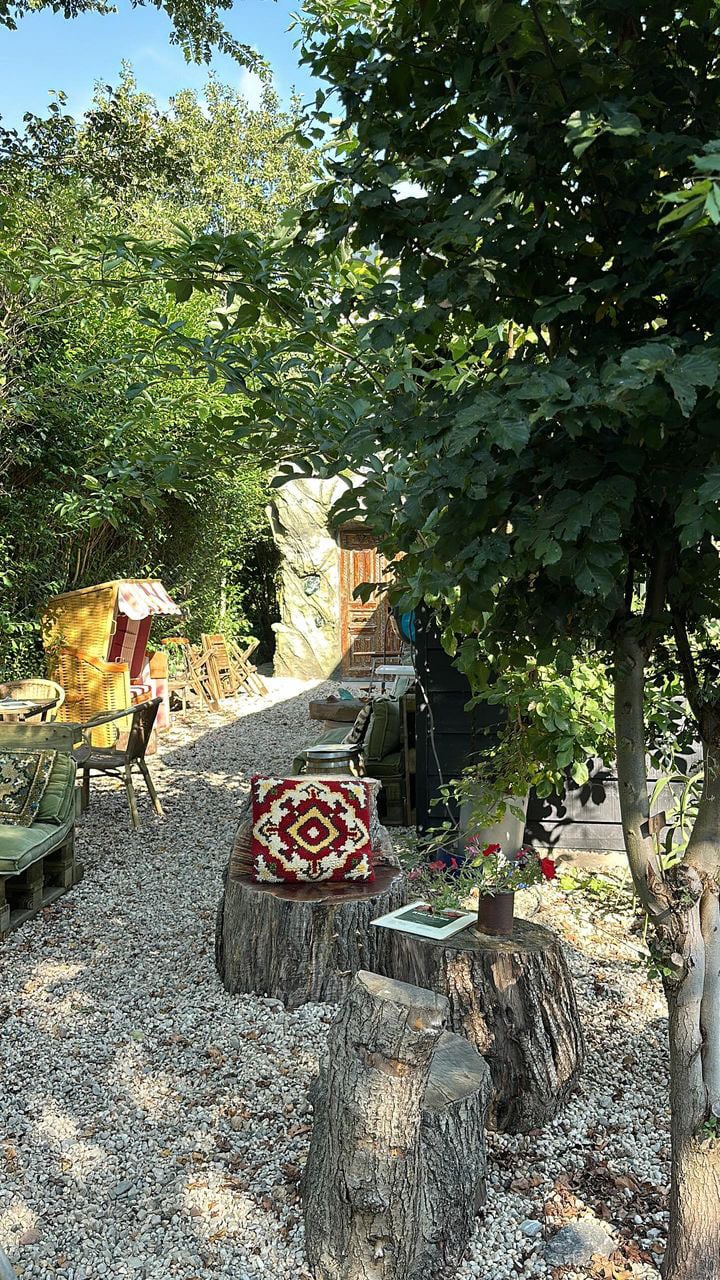 Het terras met de boomstronken