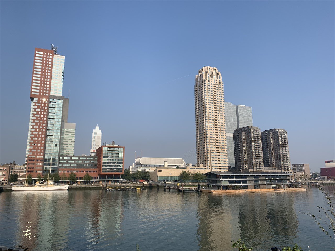 Uitzicht over het water op de kop van zuid Rotterdam