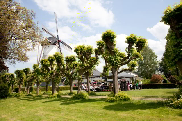 Het terras van 't Sfeerhuys loopt over in het park. Er is volop de ruimte om lekker te genieten. De huwelijksceremonie kan op verschillende plekken in het park plaats vinden.